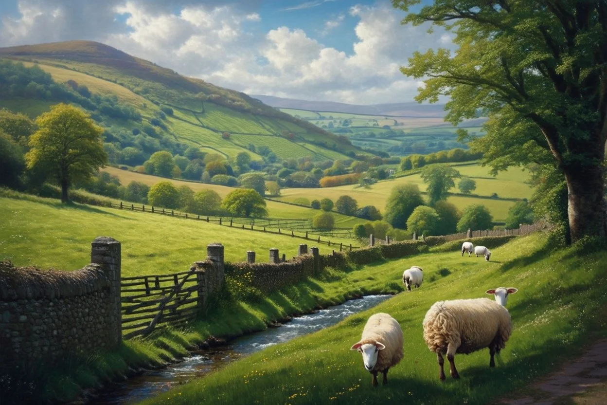 beautiful rolling hills and fields, with stone fences, small stream and sheep, of the Bakewell in England. Gorgeous lush green grass and trees.