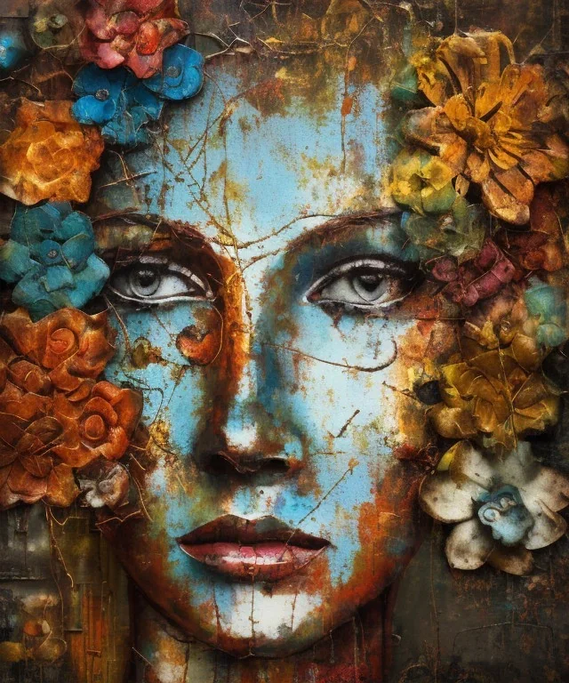  an abstract painting of rusted metal and flowers, african portrait, rust, scaffolding, iron cladding, decay, mixed media, textured, anatomically correct, beautiful perfect face, sharp focus, highly detailed, injured face