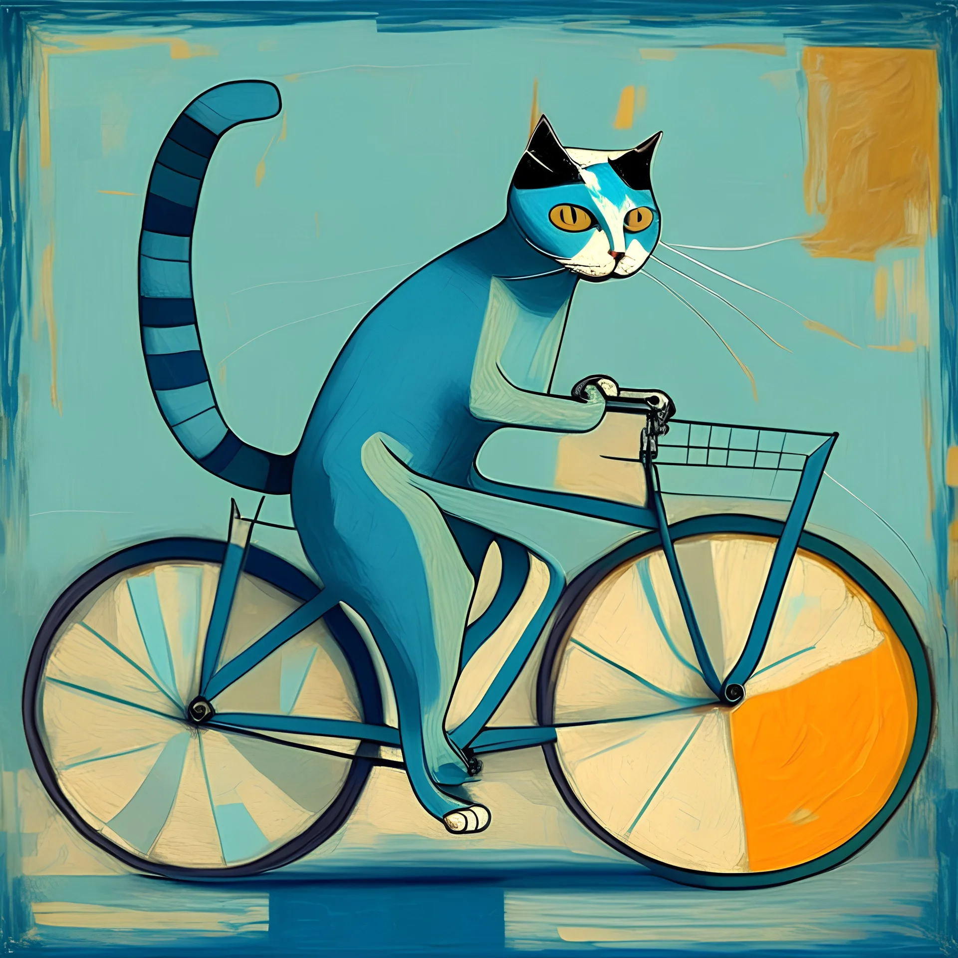 Gerar um quadro estilo Picasso de um gato andando de bicicleta