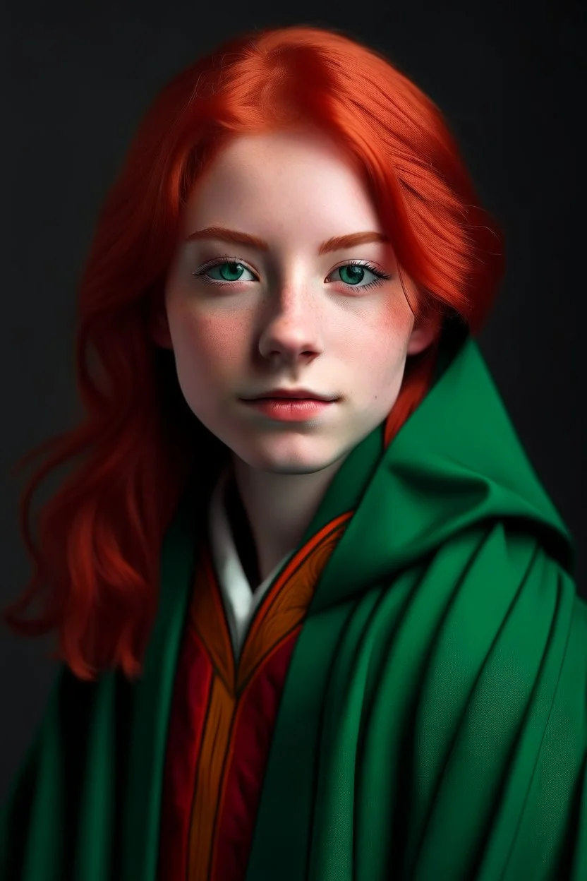 A girl with red hair and green eyes and she is wearing a Hogwarts robe