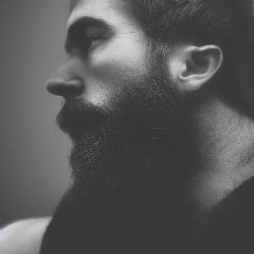 moody tiny charcoal side profile portrait of a bearded man, smudged charcoal, side on profile, charcoal portrait, artistic black and white profile portrait, delicate, highly detailed, chiaroscuro, beautiful composition, delicate arrangement, aesthetic, soft lighting, tender