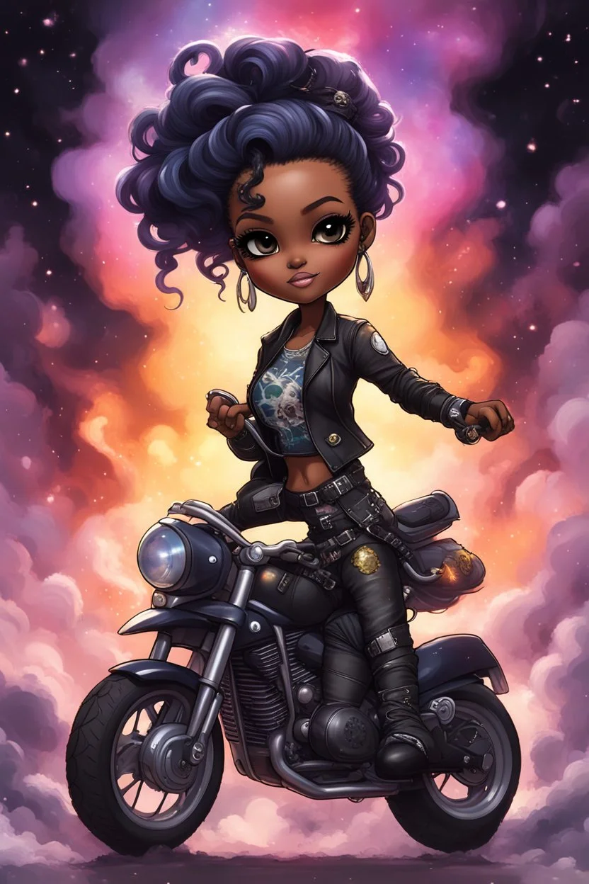 Create a galaxy art illustration of a chibi cartoon full figure black female riding a sports motorcycle. She is wearing tie dye and black tights with biker boots. Prominent make up with log lashes and hazel eyes. Extremely highly detailed black shiny wavy hair up in a messy bun. Background of smoke surrounding her and the bike and she's at a bike show.