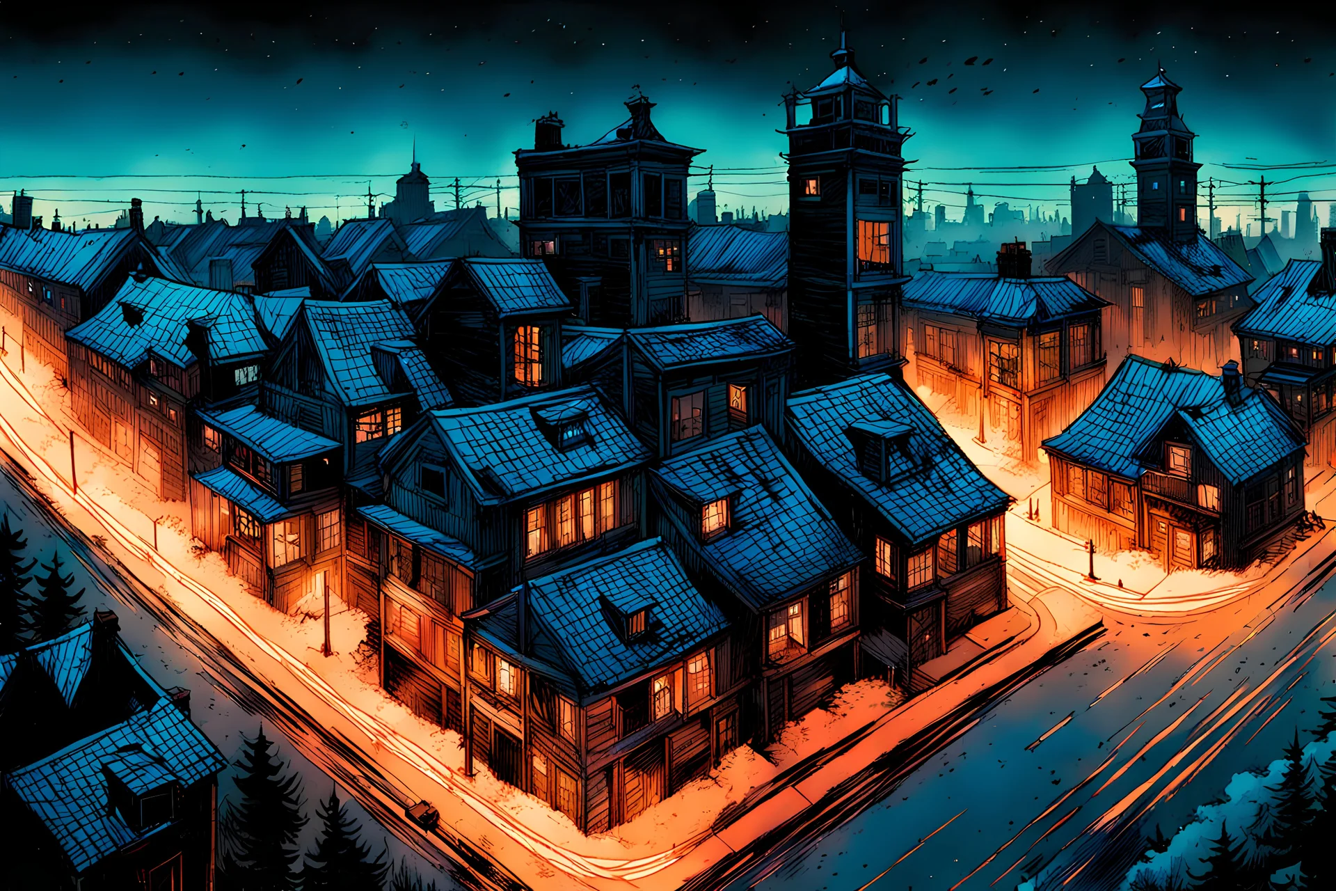 create a hyper detailed illustration of a small Victorian ghost town with tree lined streets in the comic art style of FRANK MILLER and BILL SIENKIEWICZ, searing lines and forceful strokes, precisely drawn, boldly inked, with gritty textures, dark foreboding color, 8k, isometric view