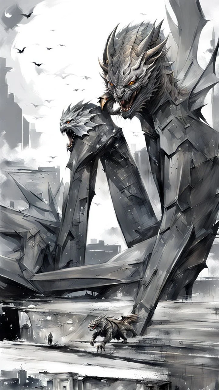 sketch-style painting high quality of a dragon art by Yoji Shinkawa and Valeria Burzo large bats in the background destroyed city budlings babies' in heaven