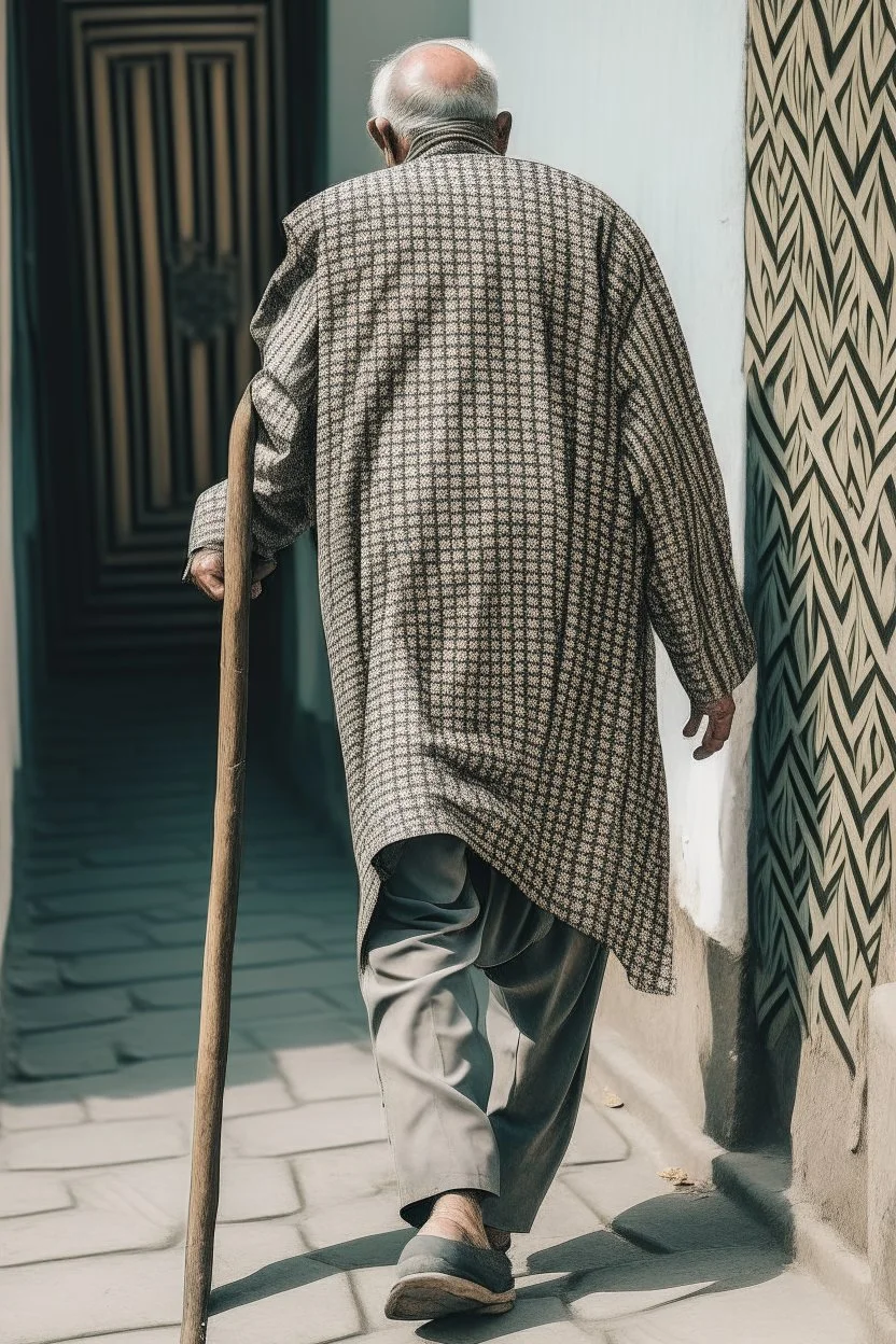 An old man wearing an Arabic keffiyeh, his back bent, walking barefoot, holding his cane upside down, looking back and holding his shoe in his hand.