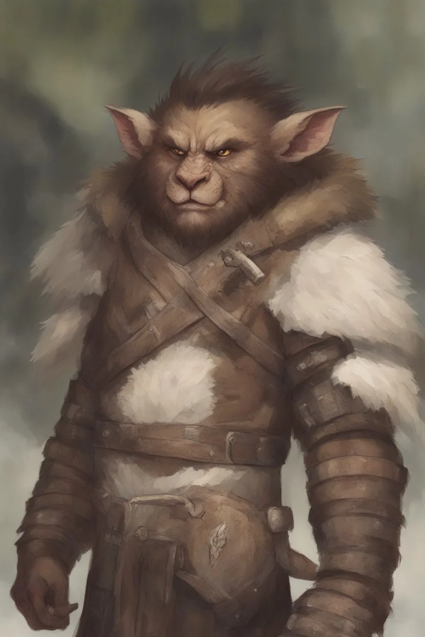 Dnd a young bugbear with WHITE fur and leather armor, tusks