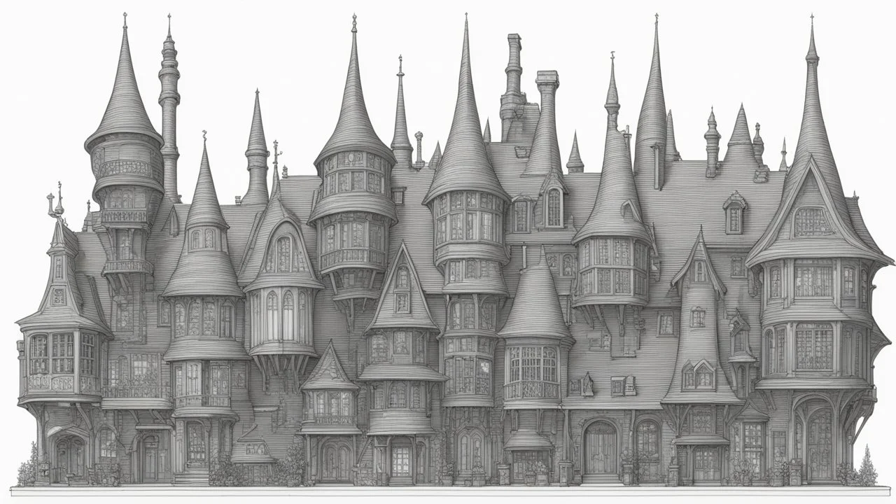 A highly detailed front elevation line drawing of a row of fantasy houses of different heights with tall chimneys, rooms and floors added to sides and roofs, like Harry Potter's Diagon Alley, inspired by Moebius