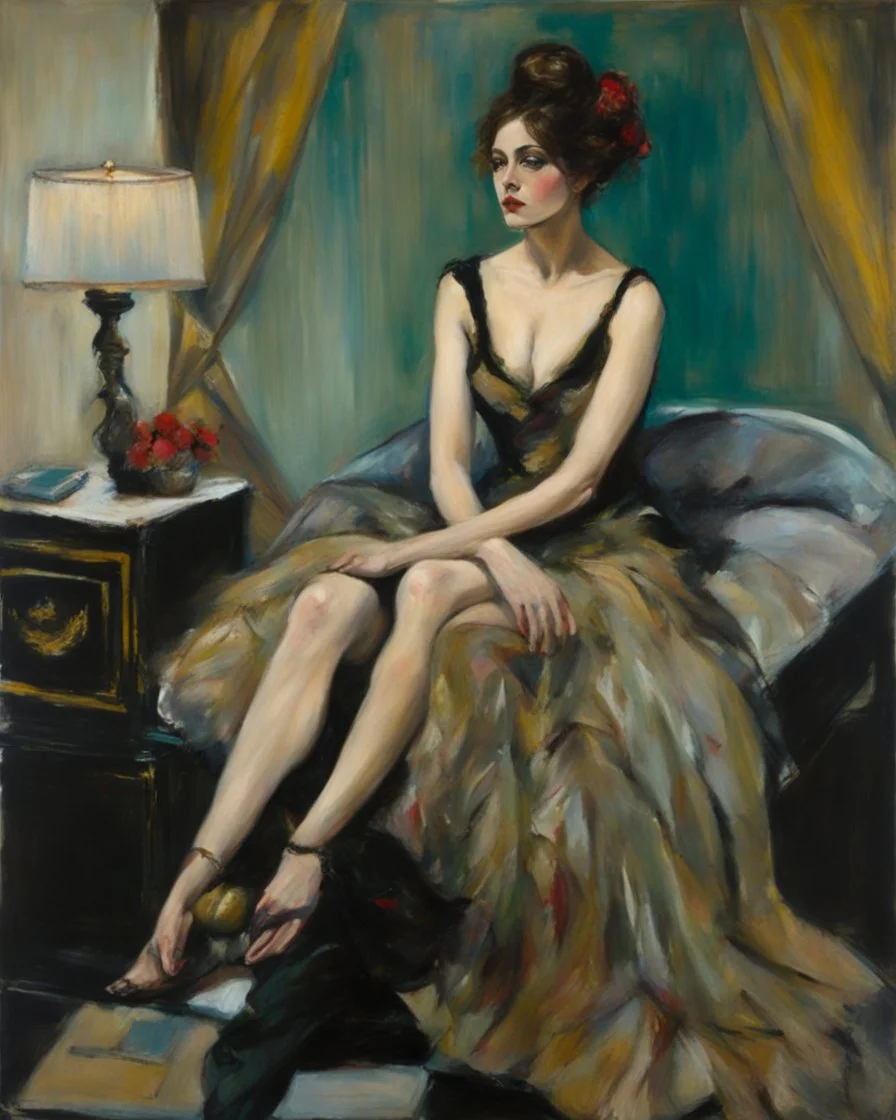 painting of a woman sitting on a bed, inspired by Giovanni Boldini, art style by B Eugene Ellison, Heather, art brut, Dystopian contemporary art