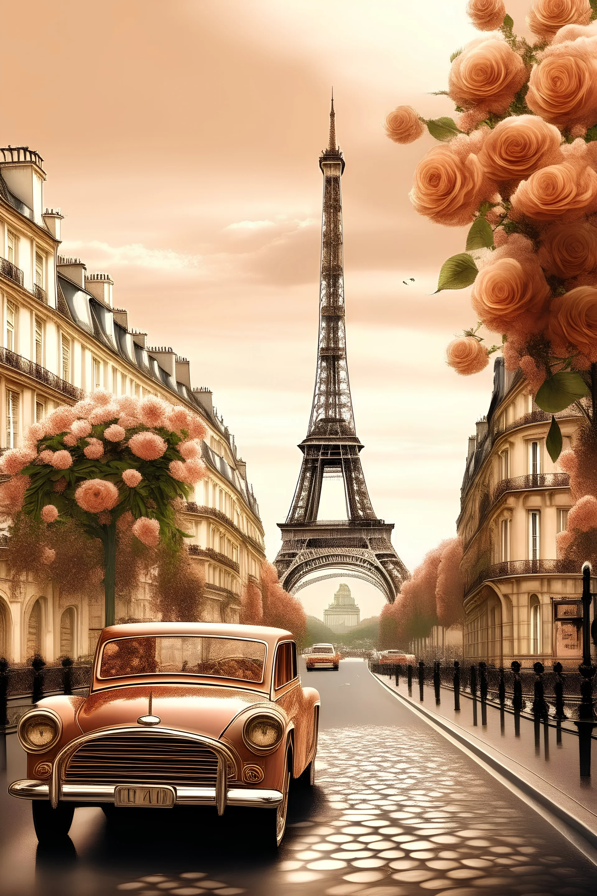 generate Paris skyline florist door women irrigate flowers street with a man and son car rose gold color eiffel tower Vintage landscape