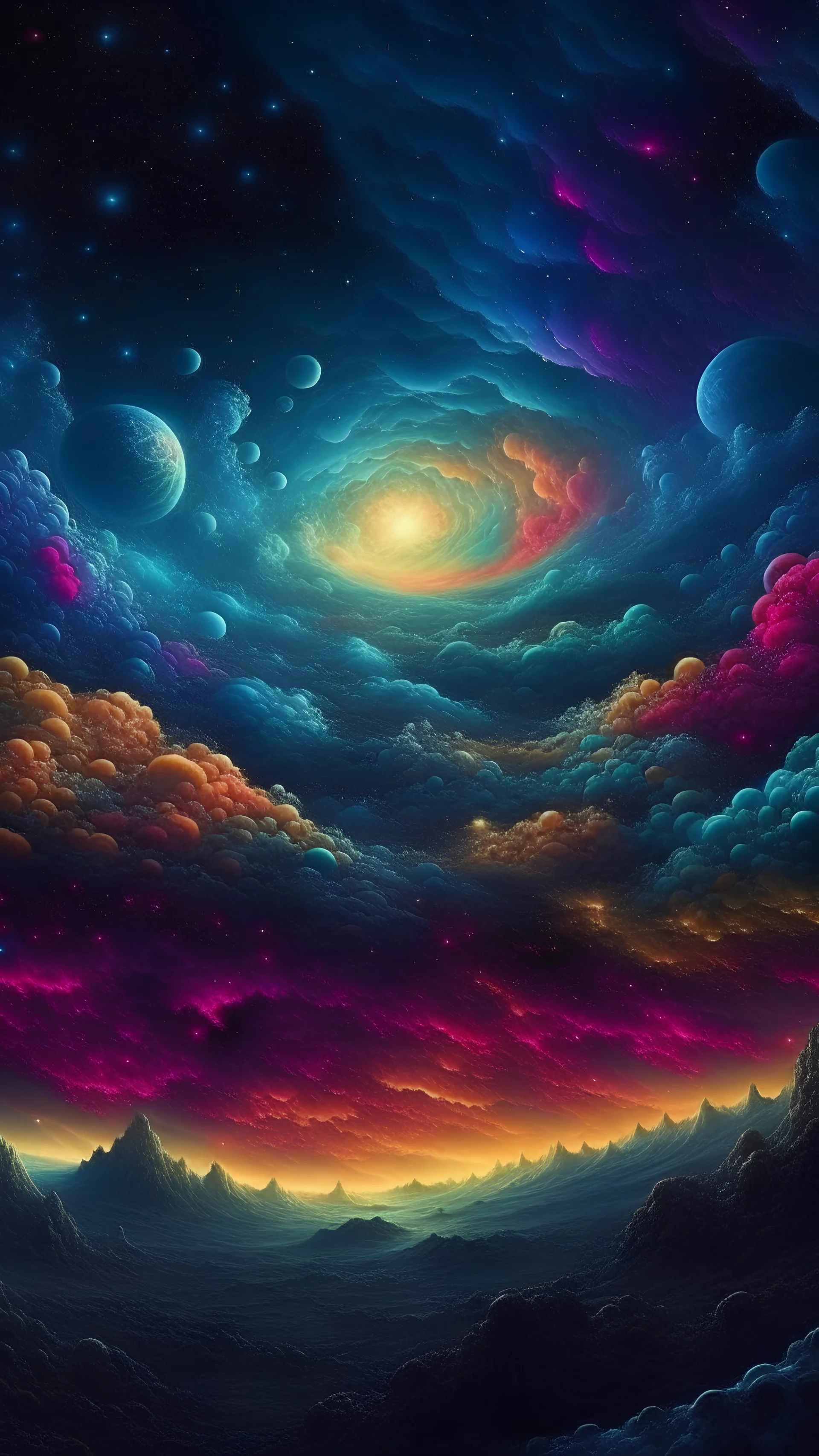 A mesmerizing celestial landscape with swirling nebulas and distant galaxies, Intricate, highfantasy, Insanely detailed, perfect composition, digital art