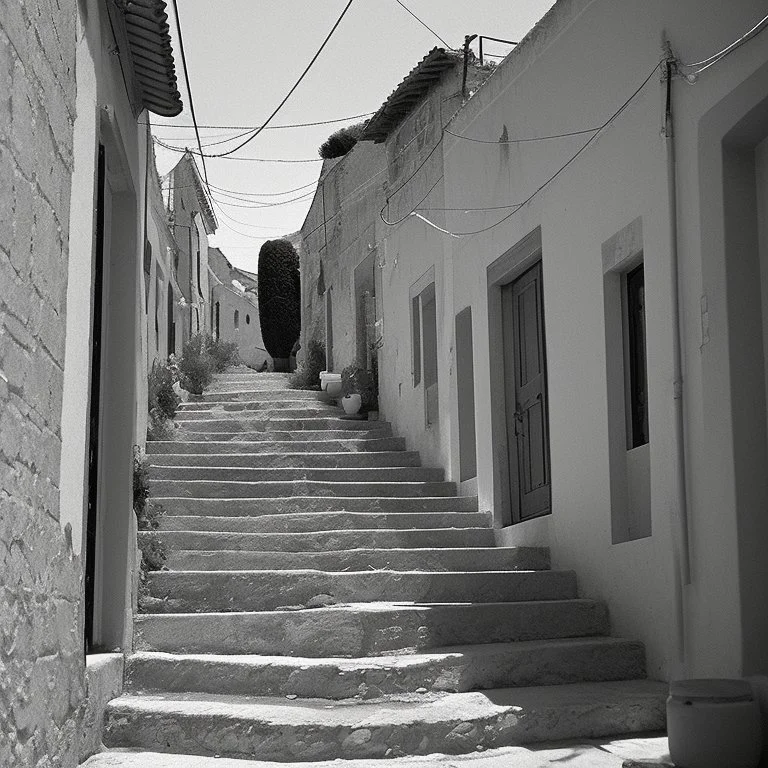 Calle de un pueblo de una isla italiana en verano, con escalinata, y arcos, tono decadente, fotografía real, fotografía realizada con cámara Leica y objetivo de 50 mm, siguiendo estilo de la serie 'Ripley', fotografía en blanco y negro, virada tonos años 50