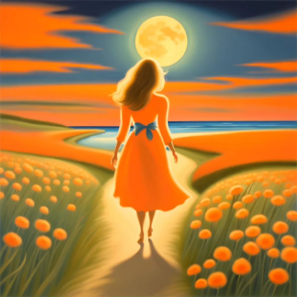 A woman's painting and Irish Sutter dog are is walking in the field leading to the beach under a full moon, graceful, orange and azure, articular art, flower power, realistic but romantic, picturesque fabrics, dance -37:43 - -Style 750 v6