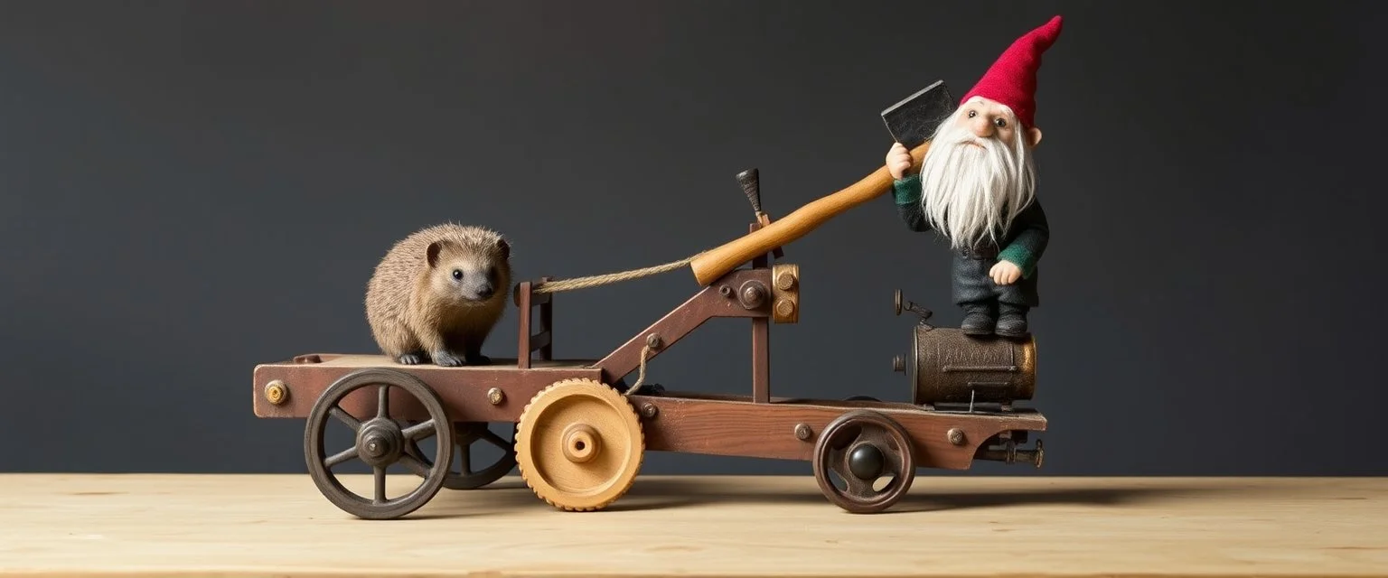 Gnome invention, winning prize at gnome convention, The Lumb-O-Tron A jury-rigged combination of a cart, pulley system, and an axe designed to chop down trees. The motion is powered by {a hedgehog on a leather treadmill spurred by a carrot on a stick | a crude stationary bicycle | a tiny steam engine heated by a red pseudodragon in the chamber}