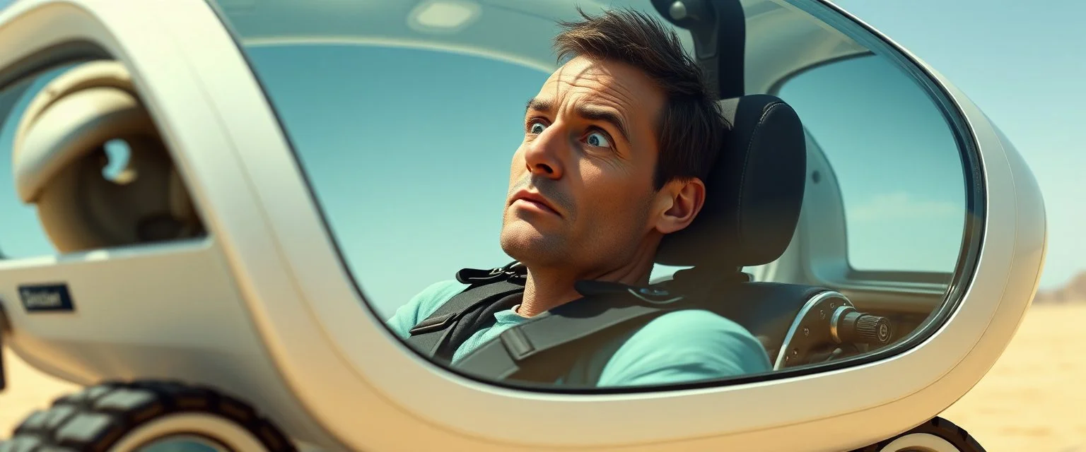 close up on weird out expression of guy suspended in straps inside laid back futuristic sci-fi glass human form car pillar on wheels, and a tracked wheel in the middle of the car, his face is flattened by the window