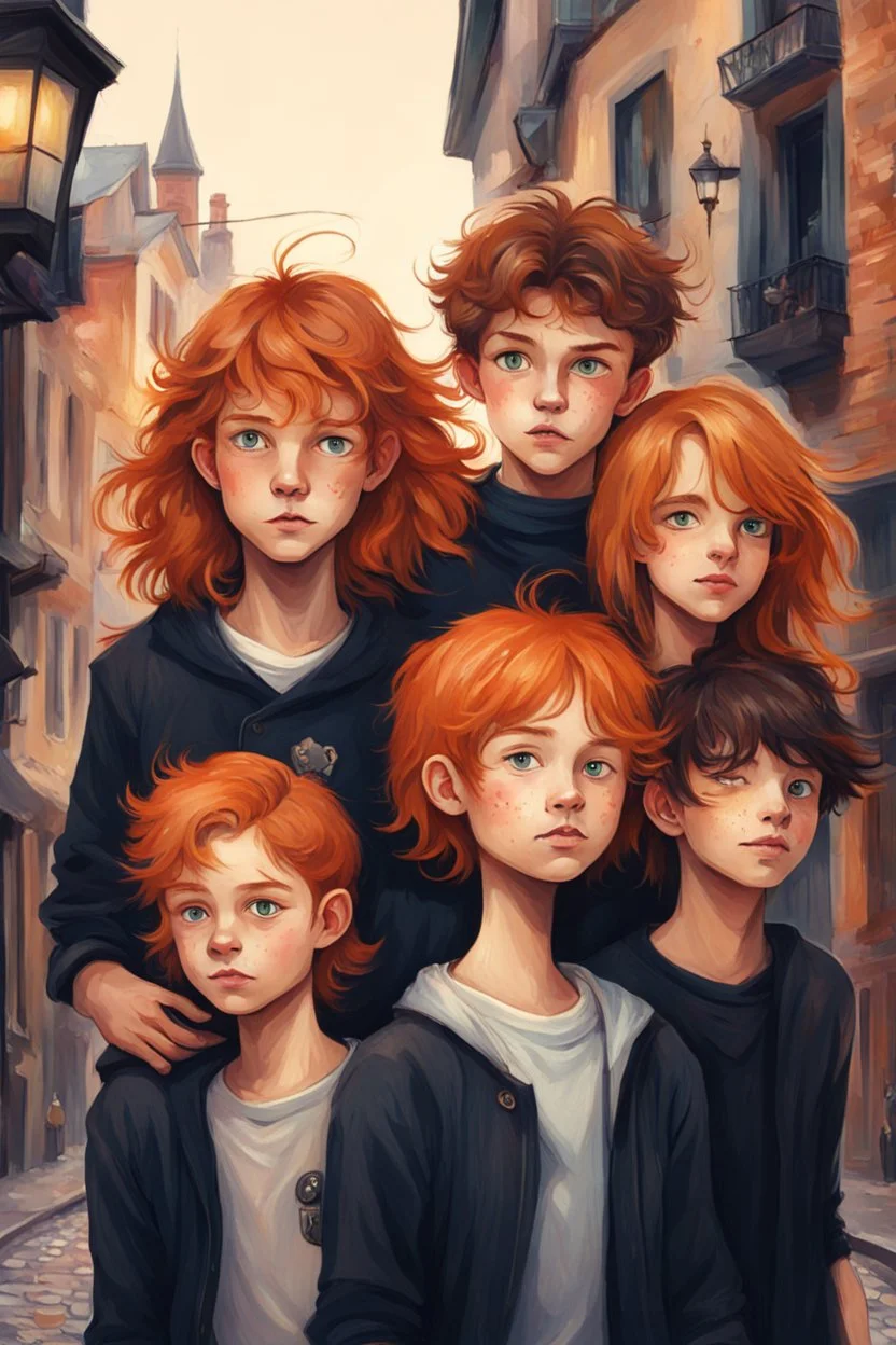 Act like a book cover designer. Use natural style. Grimmy black cat and three teenagers (13-15 years old) - two boys with ginger hair and frickles on faces and a girl with brown long hair. Environment: old town.