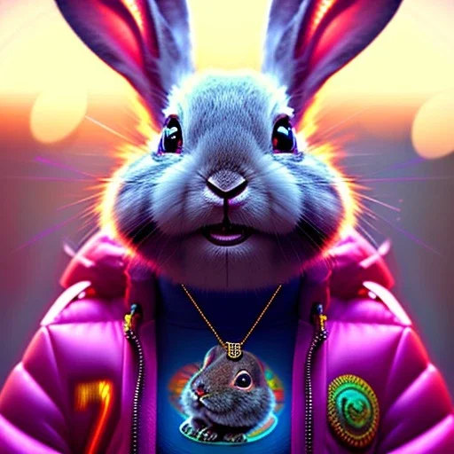 pixar style anamorphic cute cyberpunk rabbit baby, smiling,gangsta gold neckless, full body, magenta puffer jacket, manila city backdrop, hyper realistic, unreal engine 5, 16k