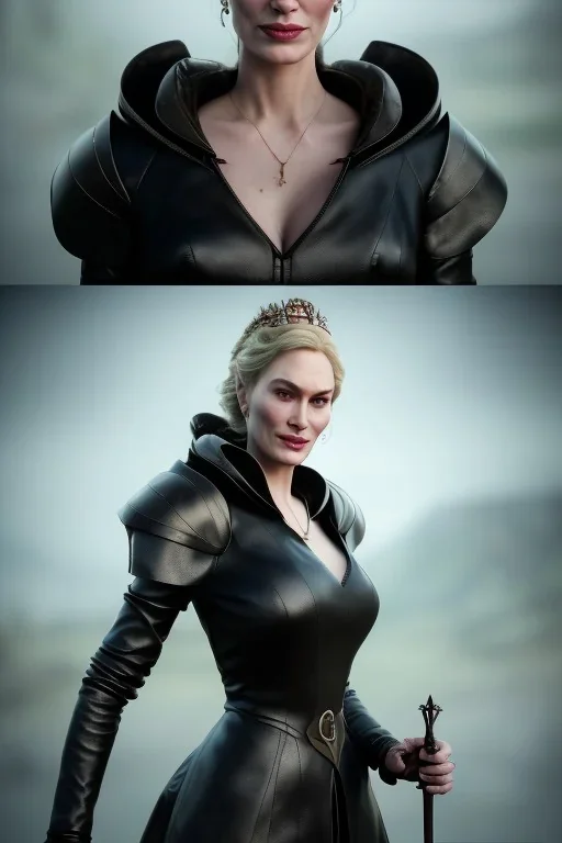 Cersei Lannister as evil queen in black leather coat, busty, cleavage, voluptuous, lena headay, angry, stern look. character design by cory loftis, fenghua zhong, ryohei hase, ismail inceoglu and ruan jia. unreal engine 5, artistic lighting, highly detailed, photorealistic, fantasy