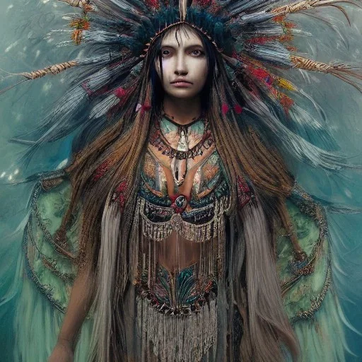 Insanely detailed photograph of an “portrait of gorgeous native american goddess ” with intricate hair, intricate embroidered dress, beautiful clear face and hyperdetailed painting by Ismail Inceoglu Huang Guangjian and Dan Witz CGSociety ZBrush Central fantasy art album cover art,8K, hdr, romantic, mysterious, ominous, flowers, jewelry, comfort, natural eyes, "arms open for embrace"