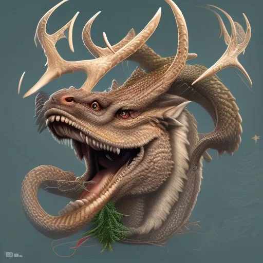 christmas dragon with deer ears, wolf head, ibex horns, horse body, deer legs, lizard tail, bat wings