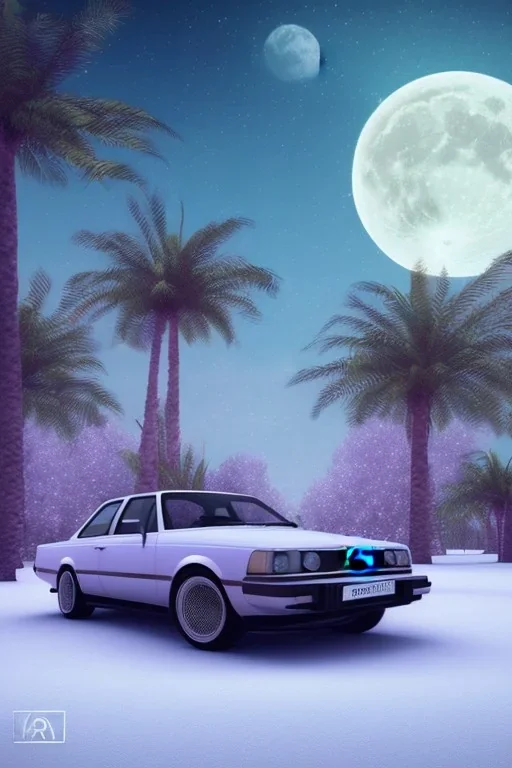 1980's aesthetic vaporwave palm trees with lighting with moon with audi in the winter snow