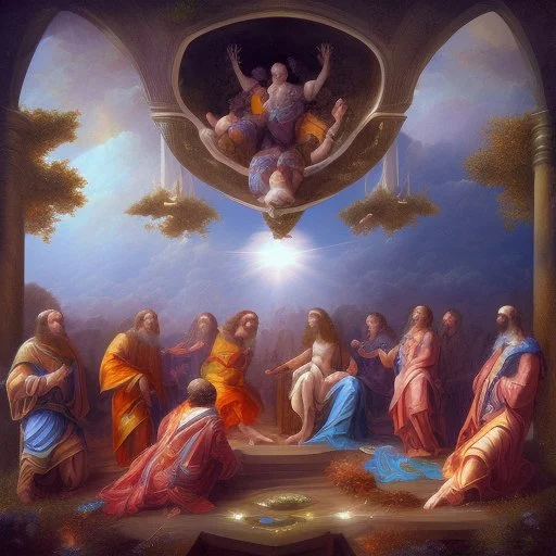 Ascencion of jresus among clouds with disciples on earth mi styles