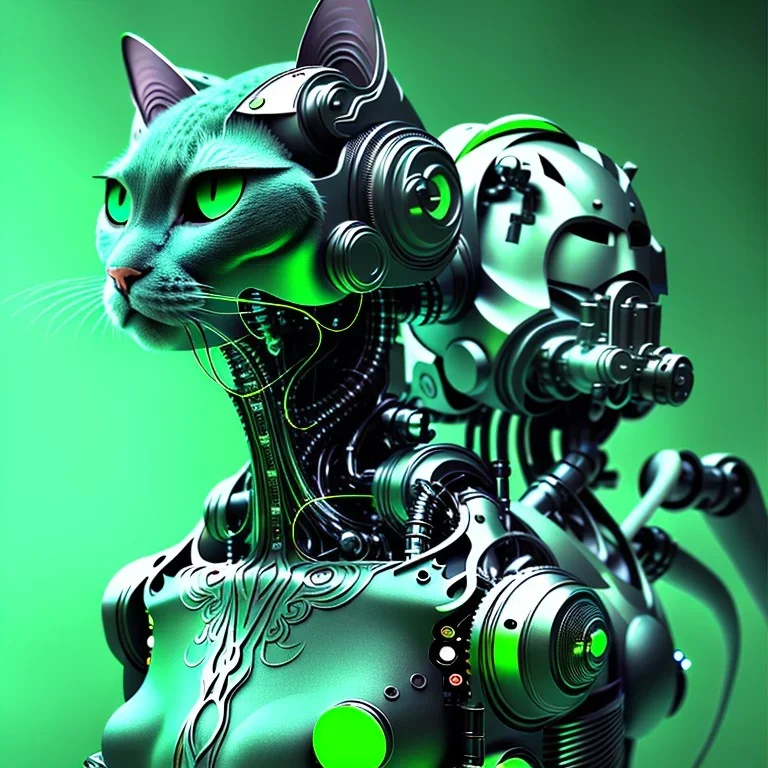 A beautiful portrait of a cyborg cat green color scheme, high key lighting, volumetric light high details psychedelic background