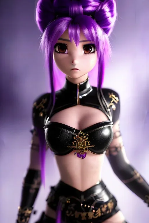 Detailed cute anime Kunoichi girl, purple hair buns, purple bangs, black latex bodysuit, intricate details, full body portrait, keep head in frame, slight smile, black Japanese motif, concept art, highly detailed, digital painting, concept art, sharp focus, illustration, art by Yoji Shinkawa, WLOP and greg rutkowski and alphonse mucha and artgerm and yanjun Chen and Junji ito and Makoto Shinkai, HDR, octane render