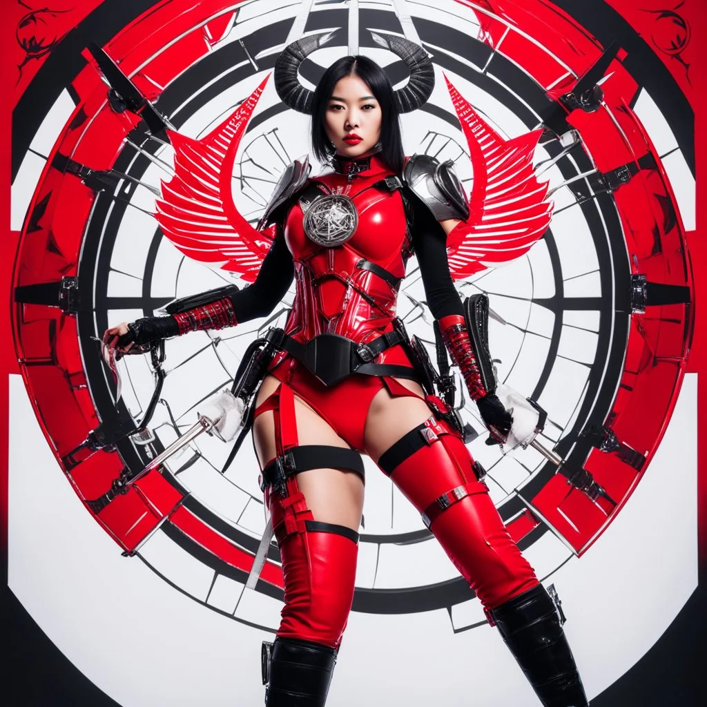 Photo of an asian woman superheroe strapped in a red, futuristic harness with mechanical elements. The background features a large black and white Baphomet sigil on a red backdrop, adding an occult or mystical theme to the image. red heel thigh-highs, creating a striking and cohesive look.