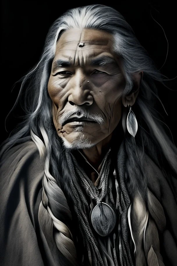 a photo of an Native american indian man with ethnic jewelry, grey hair and grey flowing robe, in style of Annie Leibovitz, contemporary portrait of a mature yet beautiful and modernist man, black and grey, detailed masculine face, swirling fluid smokey enigma, award-winning artwork