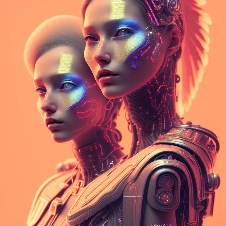 A beautiful portrait of a cute cyberpunk woman, grain on the skin, orange color scheme, high key lighting, volumetric light high details with white stripes and feathers full length clean art NFT, soft lighting, soft pastel gradients, high definition, blender 3d cinematic, op art, visionary art, sacred geometry, fractal, white balanced