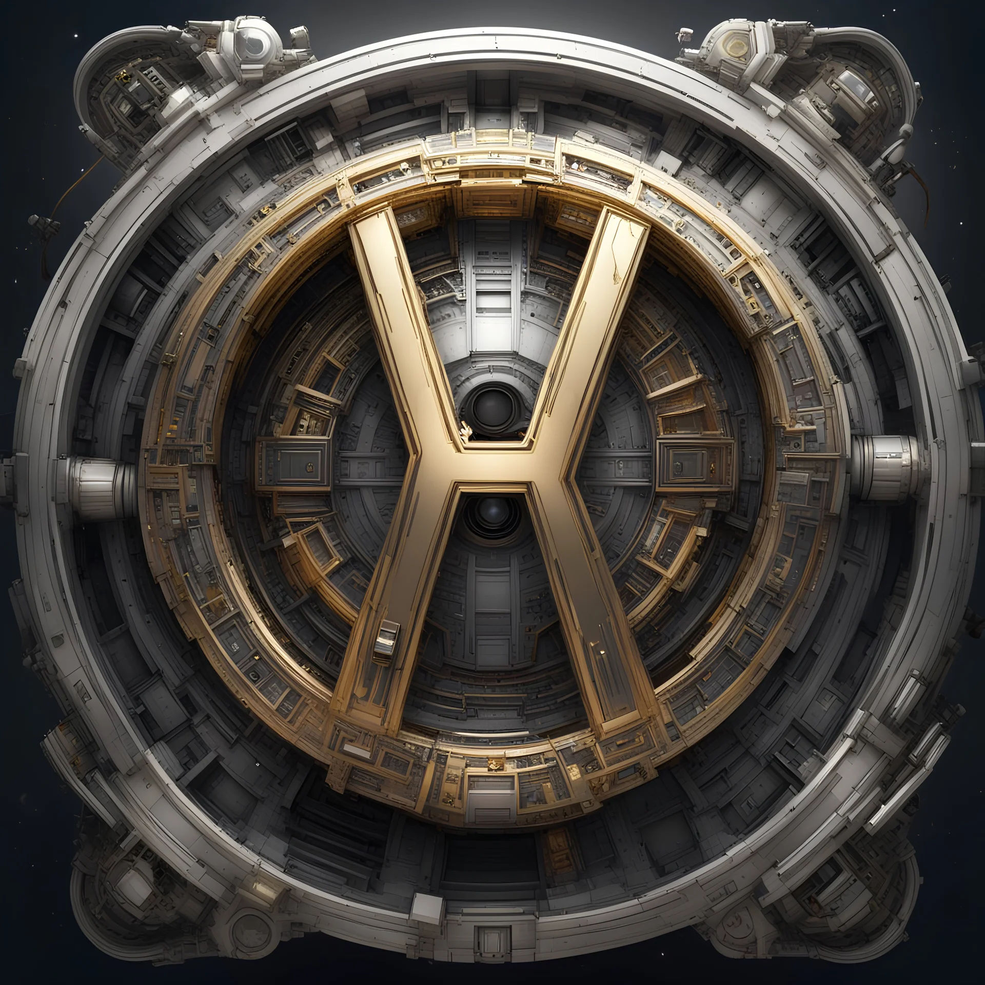 create me a large, centered letter H encased in a thin round, ornate golden ring. metallic,silver accents can be used. mechanical futuristic space cyberpunk style. extra electrical and pneumatic details, robot arms, laserguns. think dyson sphere, warp core, plasma couplings, maybe on the side of a spaceship. background should be black. make the H bigger. little repair robots are scurrying over the surface. the whole feel is dystopian far future empire. scorch marks and broken areas are visible.