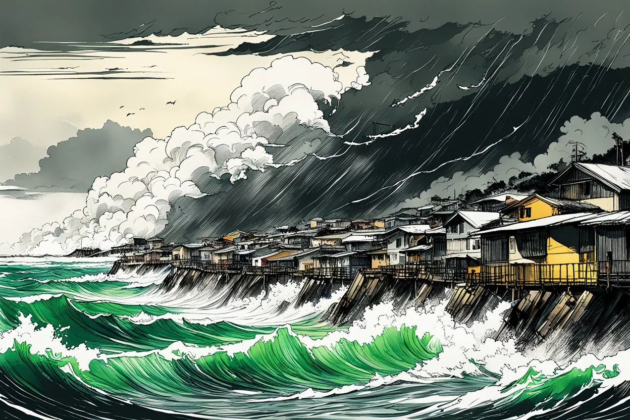 a storm tossed coastal fishing village with ominous thunderheads and pounding surf illustration by Yoji Shinkawa , finely drawn and inked, 4k, hyper detailed and vibrantly colored