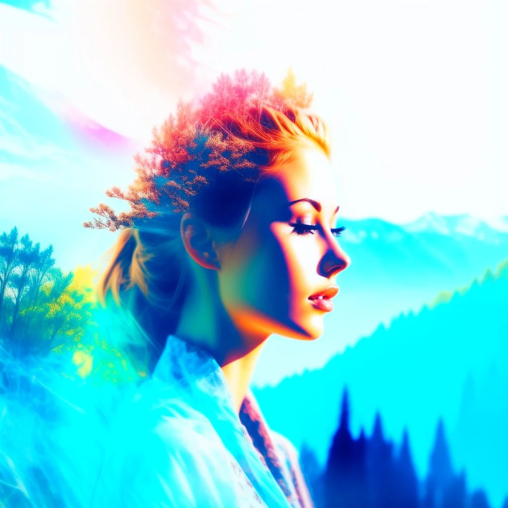 Double exposure beautiful fantasy portrait, woman and landscape, ultra quality