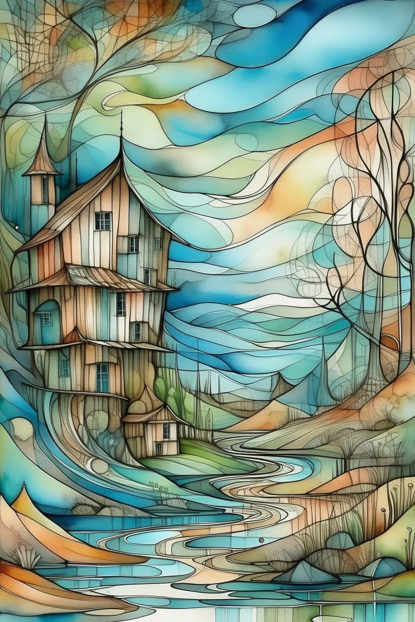 The place where the Dream and its followers live. Watercolor, fine drawing, beautiful picasso cubist composition, pixel graphics, lots of details, pastel aqua colors, delicate sensuality, realistic, high quality, work of art, hyperdetalization, professional, filigree, hazy haze, hyperrealism, professional, transparent, delicate pastel tones, back lighting, contrast, fantastic, nature+space, Milky Way, fabulous, unreal, translucent, glowing