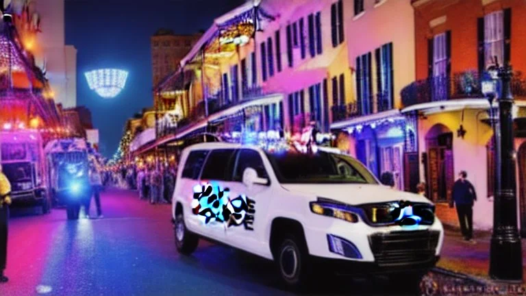 A police Tesla Cybertruck is chasing a Tesla 'Model S Plaid' at top speed, Bourbon Street, in New Orleans. CINEMATIC. WIDE ANGLE LENS.