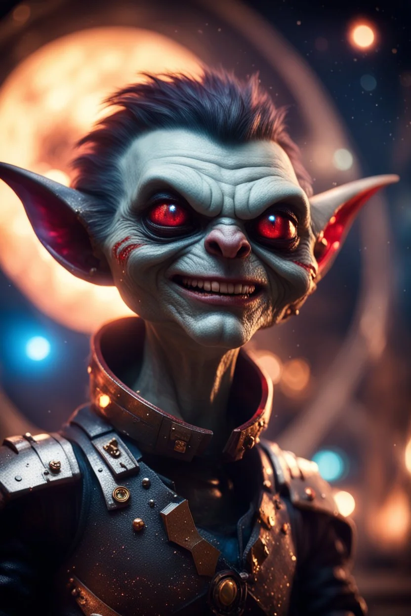 the most effective war paint, portrait of ultimate transcendent happy chat gremlin vampire space with spotlights, in front of space portal dimensional glittering device, bokeh like f/0.8, tilt-shift lens 8k, high detail, smooth render, down-light, unreal engine, prize winning