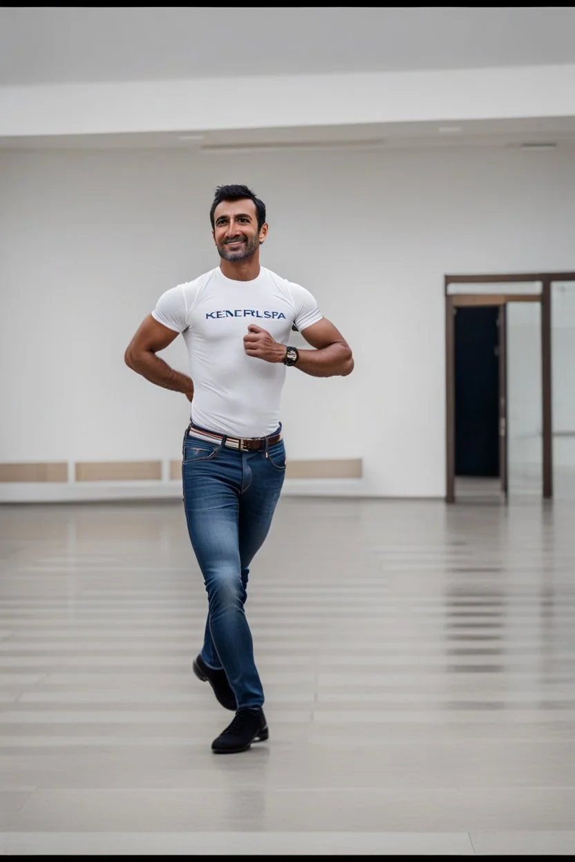 A full-body shot of an azeri man in jean and top