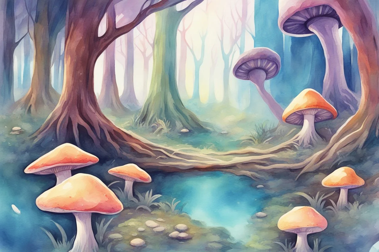 concept art water color style for teenagers in other planet having adventure mystery weird cretures trees and mushrooms exiting colorful