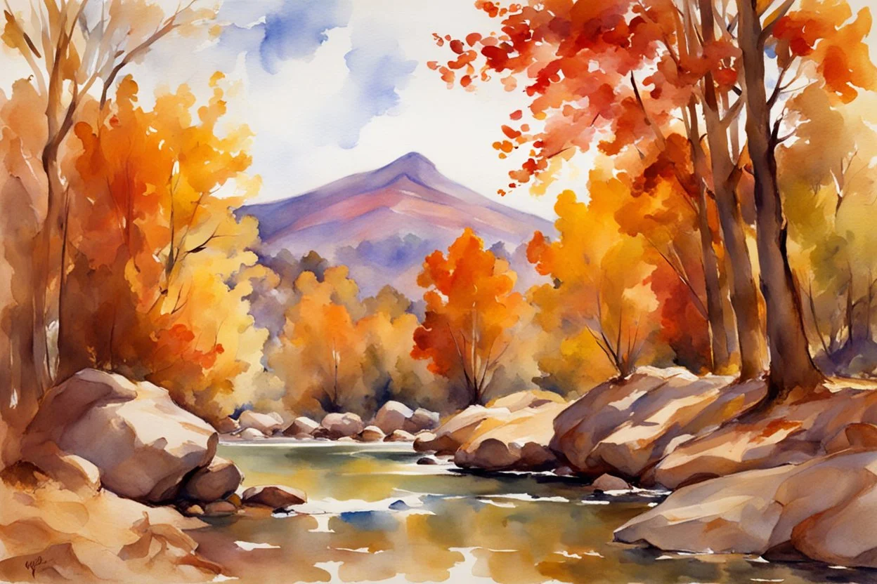 Sunny day, autumn trees, rocks, fantasy, mountains, epic, john singer sargent watercolor paintings