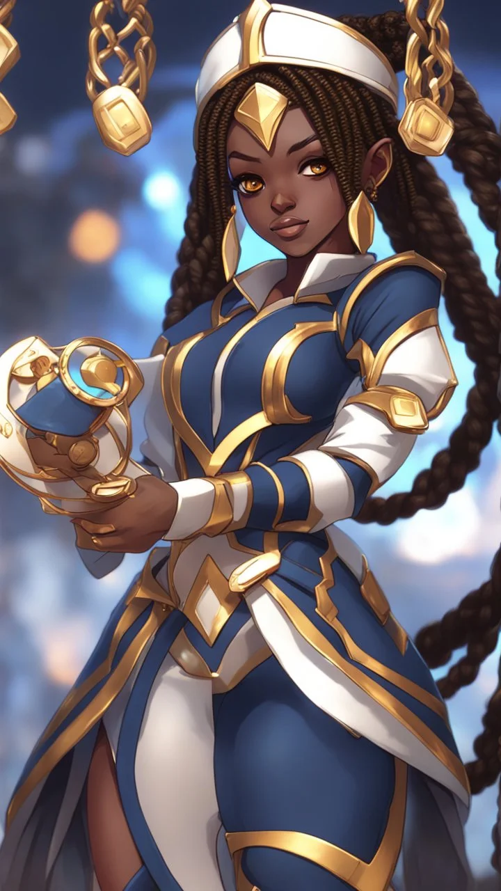 sci-fi, arcane animation series style, league of legends, Solo, 1girl, attractive female with freckles, african, dark skin, golden eyes, dark hair, hundreds of thin braids, earrings, makeup, (detailed skin texture), white and indigo-blue suit