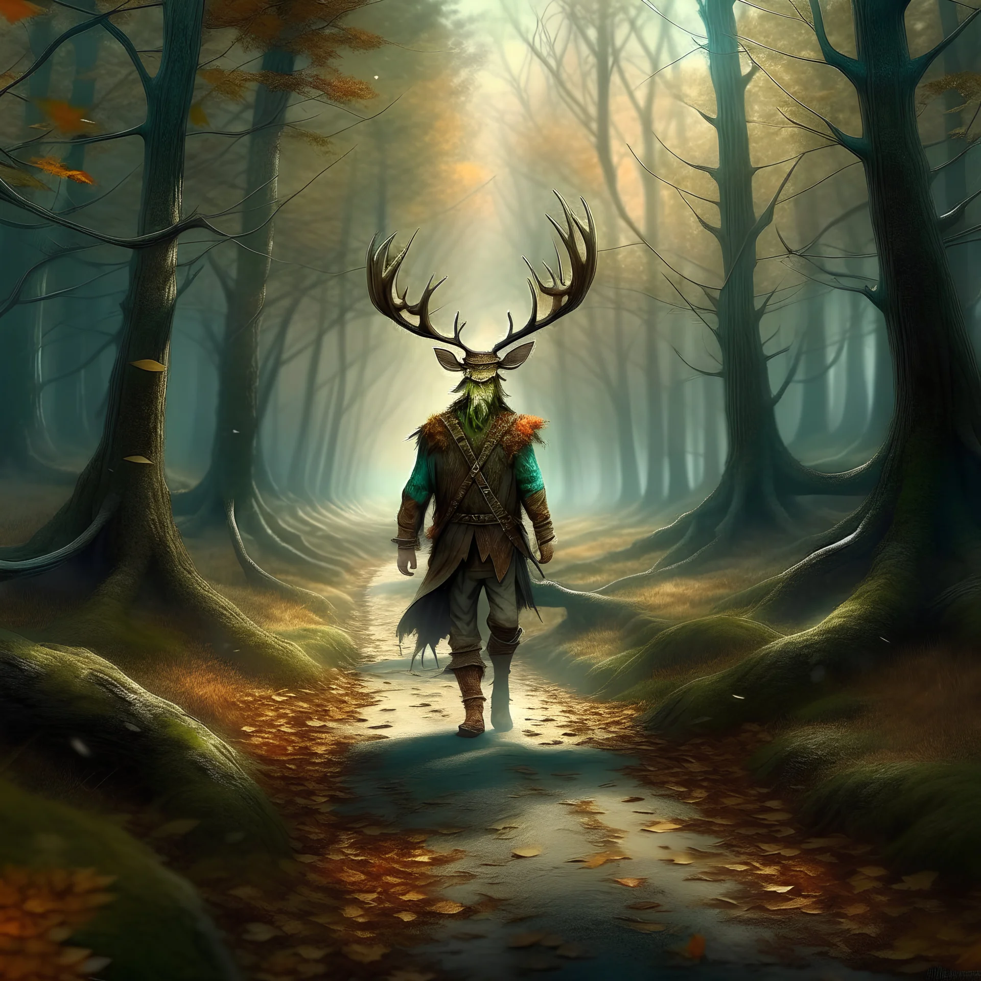 large feyman with antlers walking in the woods fantasy digital art