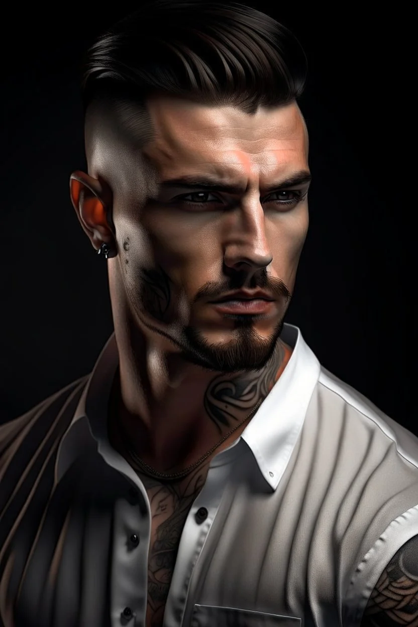 Ultra realistic photograph of muscular male in white button up shirt, dark hair cut short and stubble on chin, dark fantasy tribal tattoos