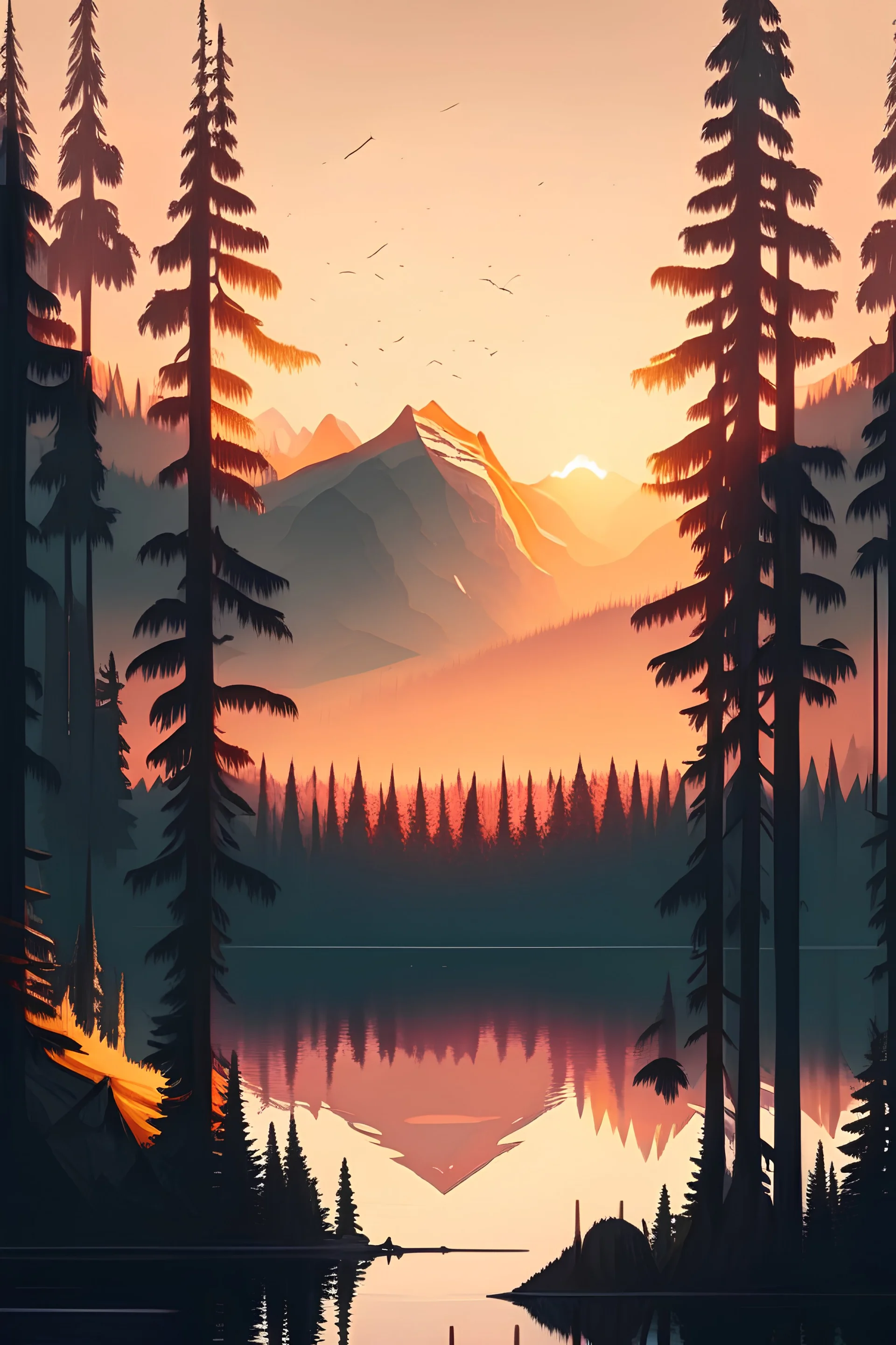 Stylized image of a forest, near a serene lake and mountains in the background at sunrise