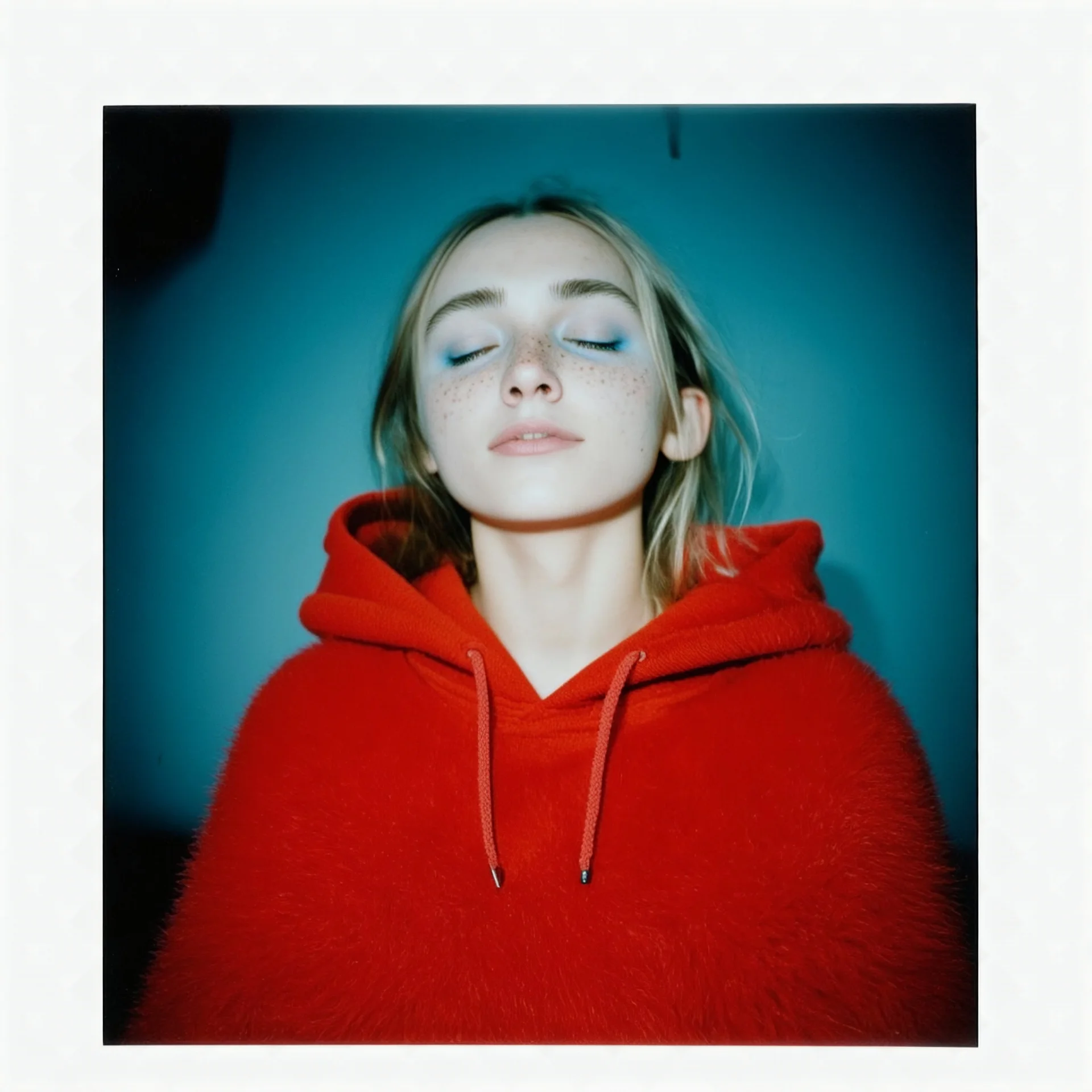 Lily rosedepp,avec un long pull a capuche en angora rouge jusquaux, polaroid, elle a les yeux fermés et les joues bleues, , des grains de beauté, autochrome