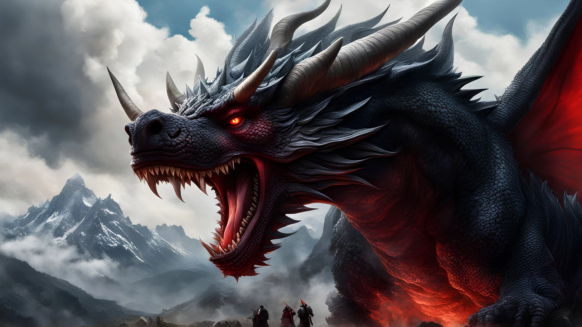 Hyperrealistic art BJ_Sacred_beast, red_eyes, outdoors, horns, sky, teeth, day, cloud, no_humans, cloudy_sky, scenery, smoke, mountain, dragon, cinematic lighting,strong contrast,high level of detail,Best quality,masterpiece, Extremely high-resolution details, photographic, realism pushed to extreme, fine texture, incredibly lifelike