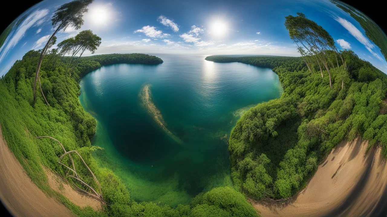 fish-eye lens perspective showing curvature of earth at the horizon, brilliant lush vibrant landscape of primordial jungle giving way to the ocean, verdant, eco-friendly, award winning surreal photography