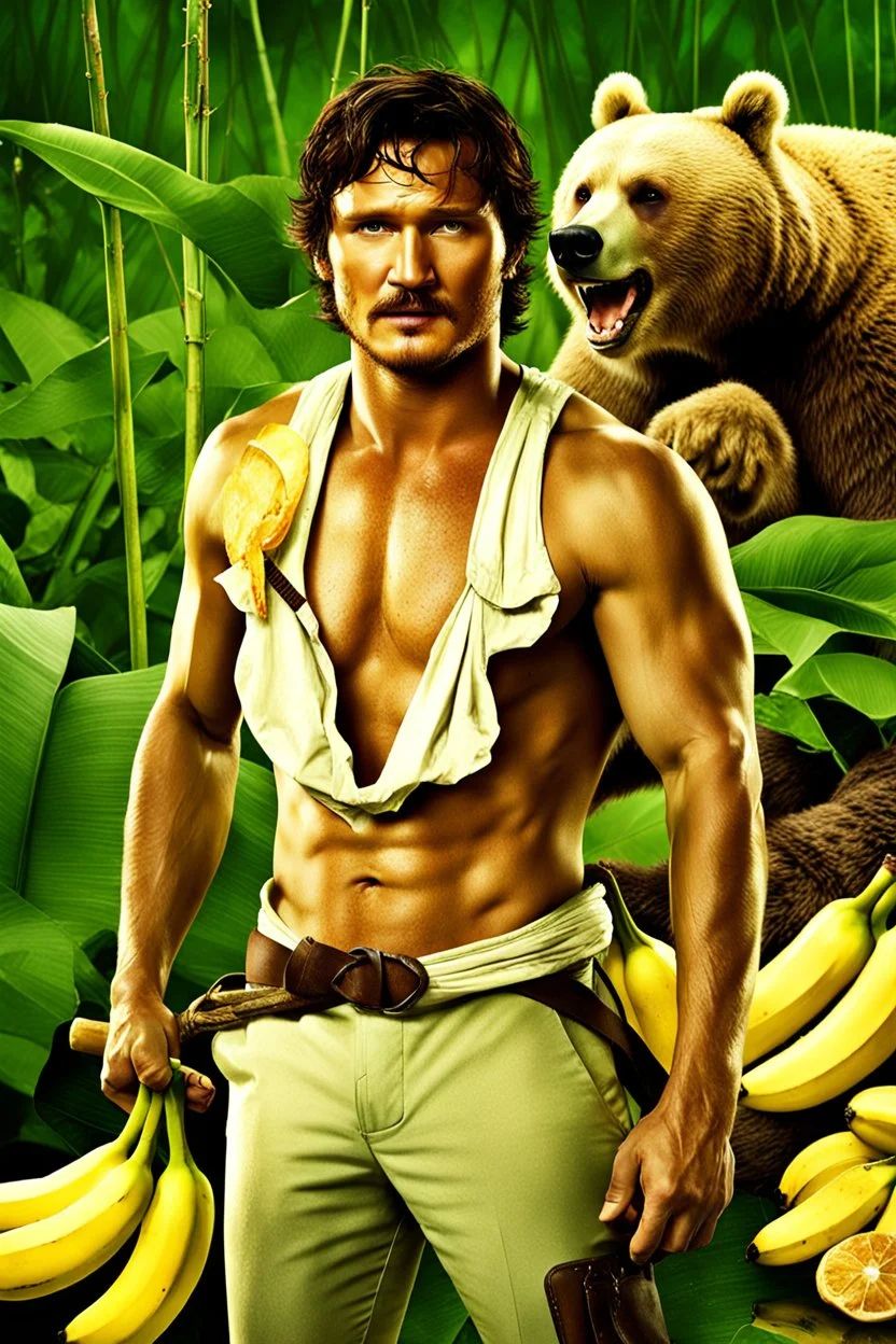 fighting hot woman fighting in the hunger games, slaughtering his enemies and a bear, mix with pedro pascal, eating a banana