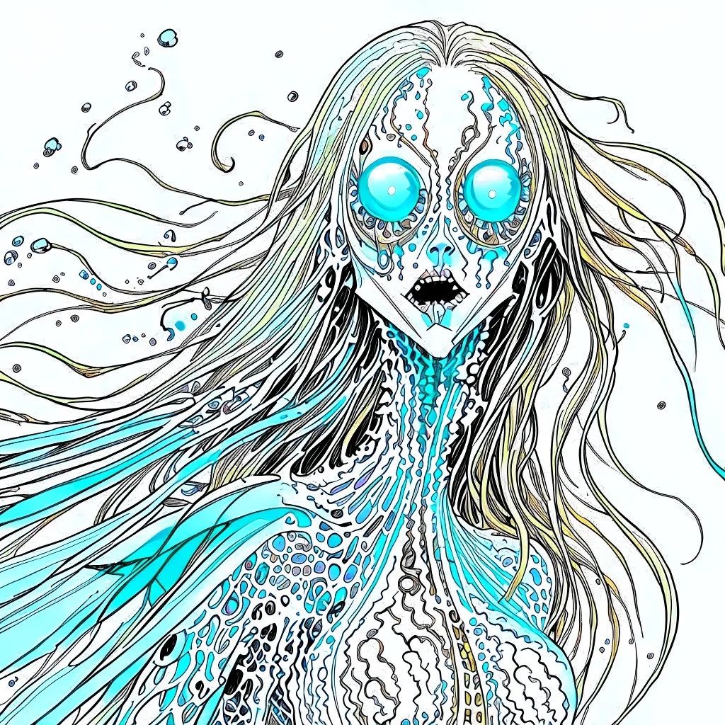 precisely drawn colorless illustration of a malevolent shape shifting female Funayurei water ghost with highly detailed facial features and skin textures, in the style of Alex Pardee , Jean Giraud Moebius, and Katsushika Hokusai, highly detailed, boldly inked,