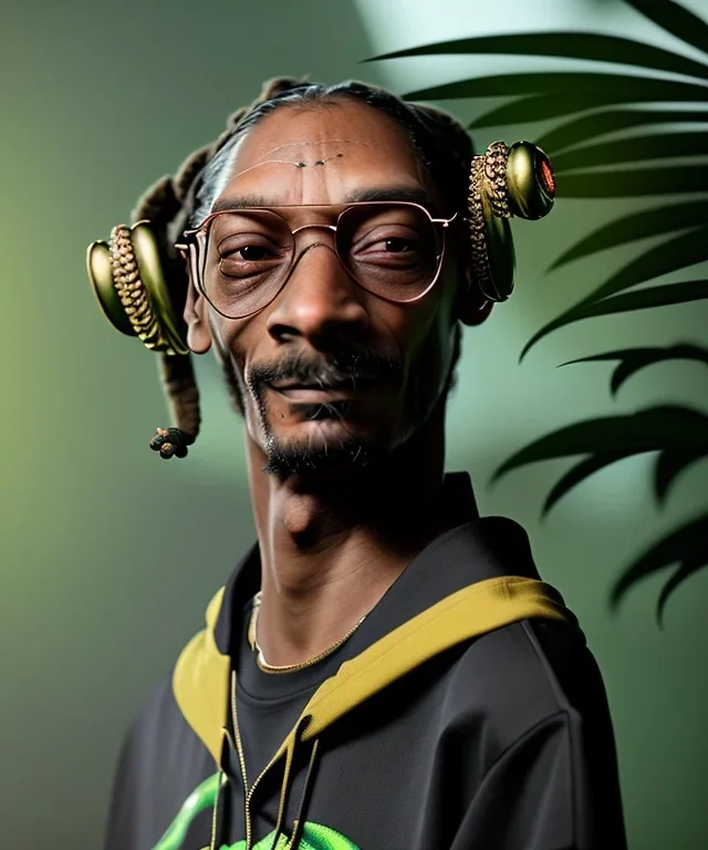 Snoop Dogg, smoking pot, jungle background, hyper realistic