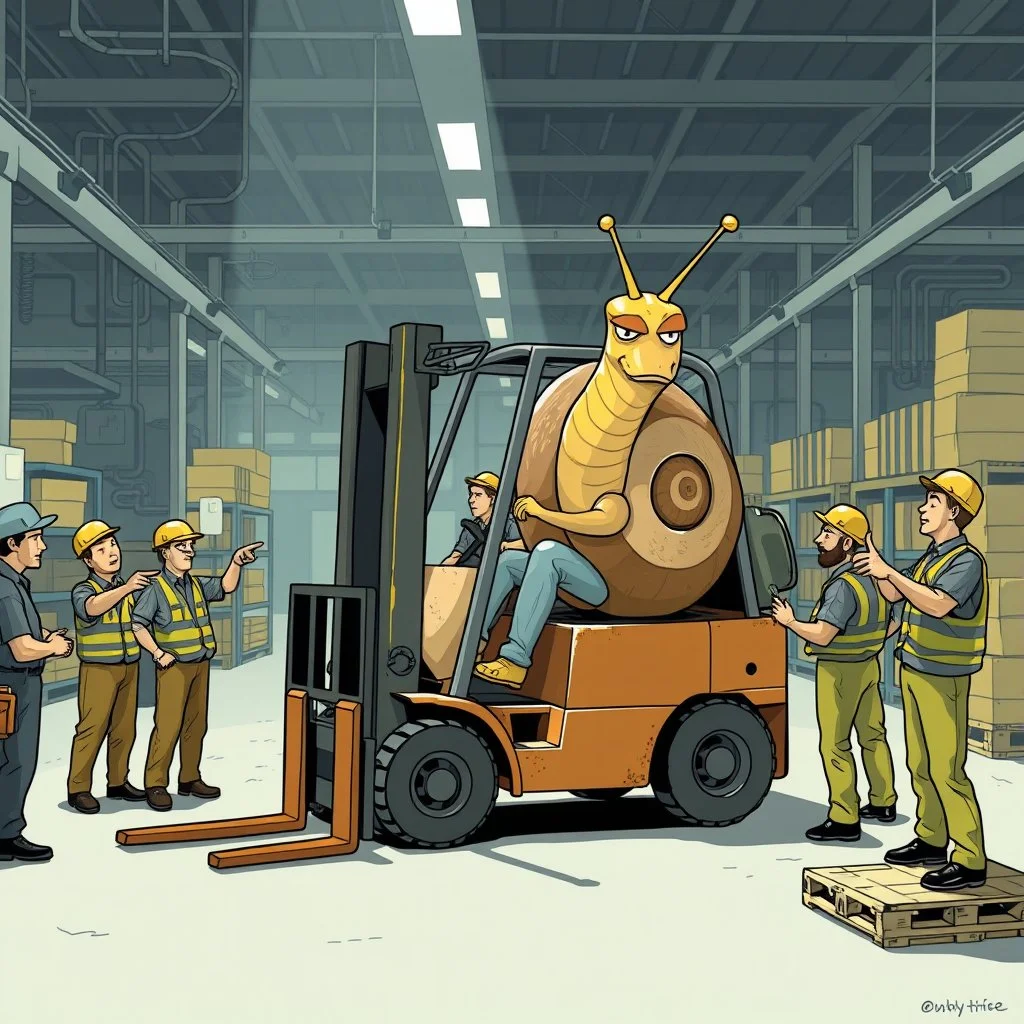 A giant snail in a factory driving around in a forklift, and are in the way for every worker, other angry workers stands around the snail and yell at him, pointing and give him the long finger